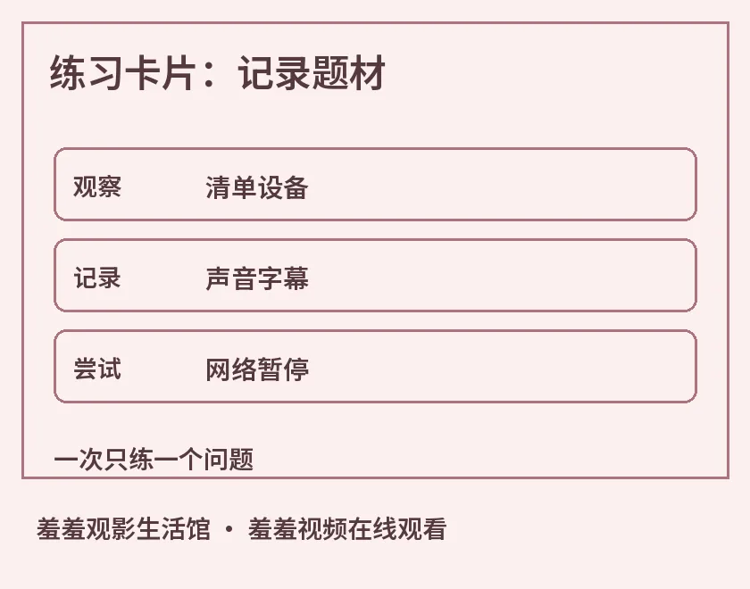 练习卡片：网络准备示意图，标出观看清单、设备摆放、耳机输出